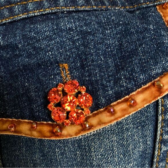 Vintage Bohemian Orange Jewel Button Blue Denim Trucker Jacket Sz S - Picture 11 of 16